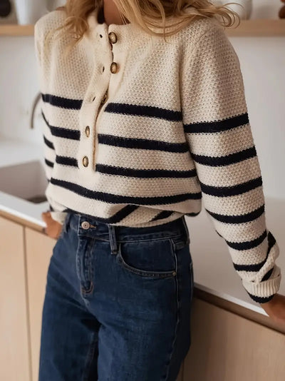 50% Rabatt | Dreynara™ - Gestreifter Pullover mit Rundhalsausschnitt und Knopfakzenten