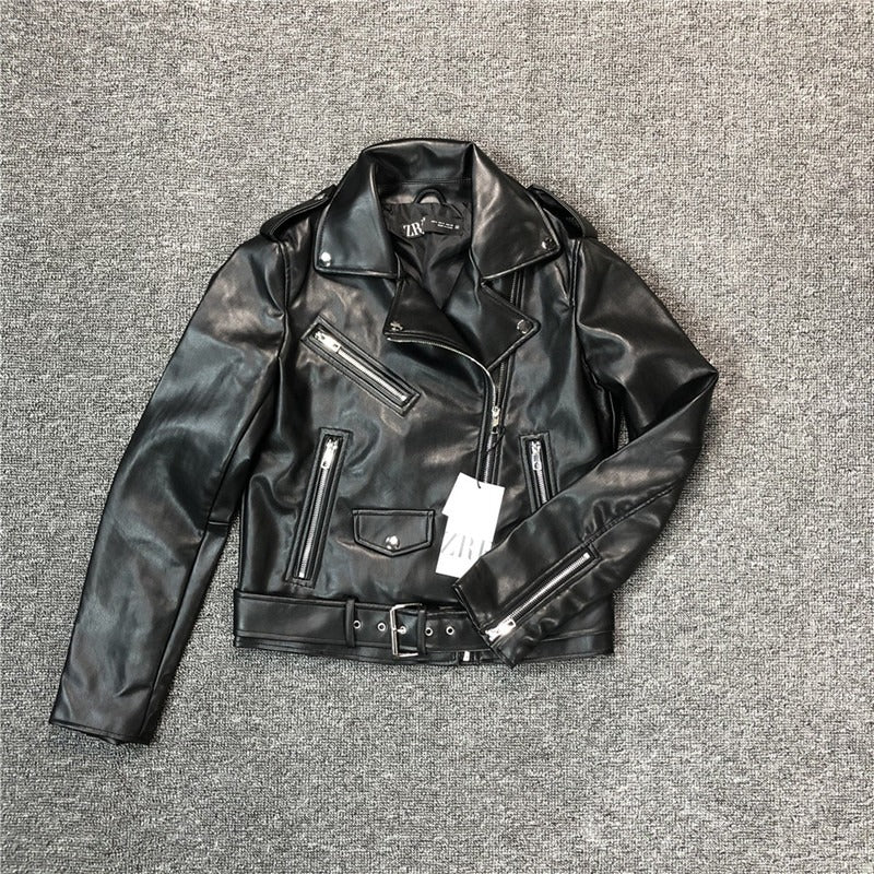 50% Rabatt | Elfriede™ | Damen Lederjacke mit schmalem Schnitt, Gürtel und mehreren Taschen