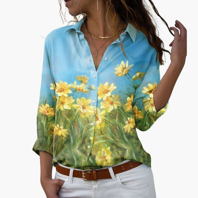 Blumendruck Damen - Bluse mit Knopfleiste und V-Ausschnitt
