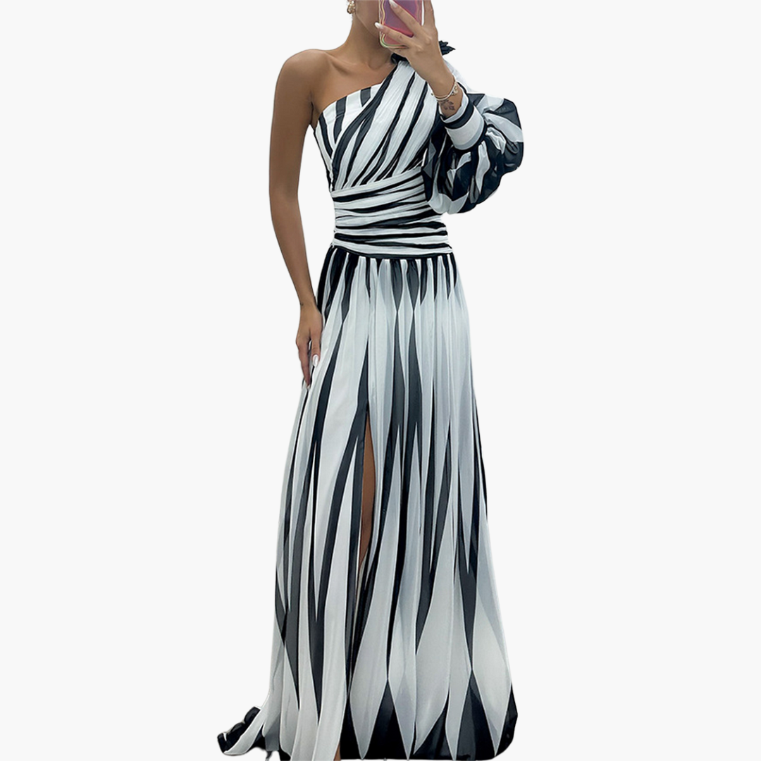 Gestreiftes One-Shoulder - Damen Maxikleid mit Schlitz elegant