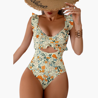 Badeanzug Damen - Floraler Einteiler mit Rüschen & Cut-Out