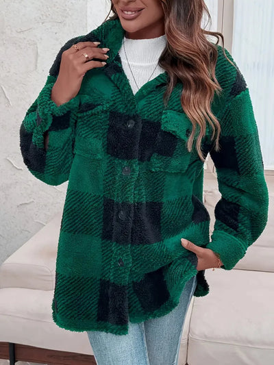 Damen-Freizeitjacke aus Fleece | Karomuster mit Knopfleiste vorne