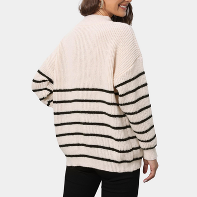 Nydia - Lässiger gestreifter Damen-Strickpullover mit halbem Reißverschluss