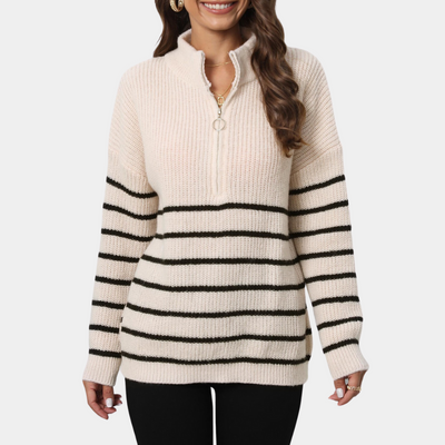 Nydia - Lässiger gestreifter Damen-Strickpullover mit halbem Reißverschluss