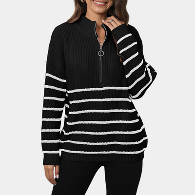 Nydia - Lässiger gestreifter Damen-Strickpullover mit halbem Reißverschluss