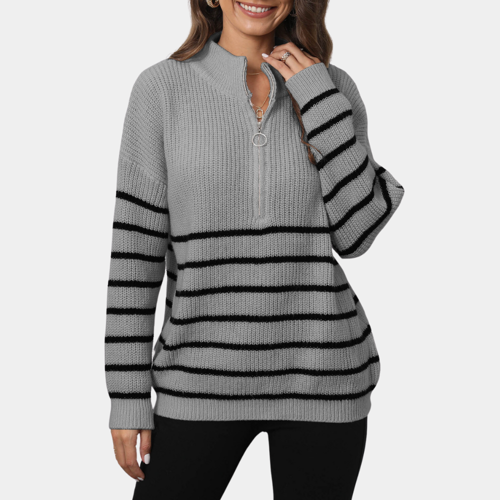 Nydia - Lässiger gestreifter Damen-Strickpullover mit halbem Reißverschluss