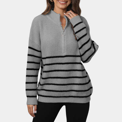 Nydia - Lässiger gestreifter Damen-Strickpullover mit halbem Reißverschluss