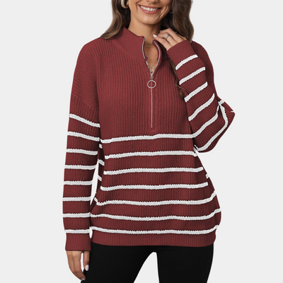 Nydia - Lässiger gestreifter Damen-Strickpullover mit halbem Reißverschluss