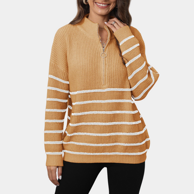 Nydia - Lässiger gestreifter Damen-Strickpullover mit halbem Reißverschluss