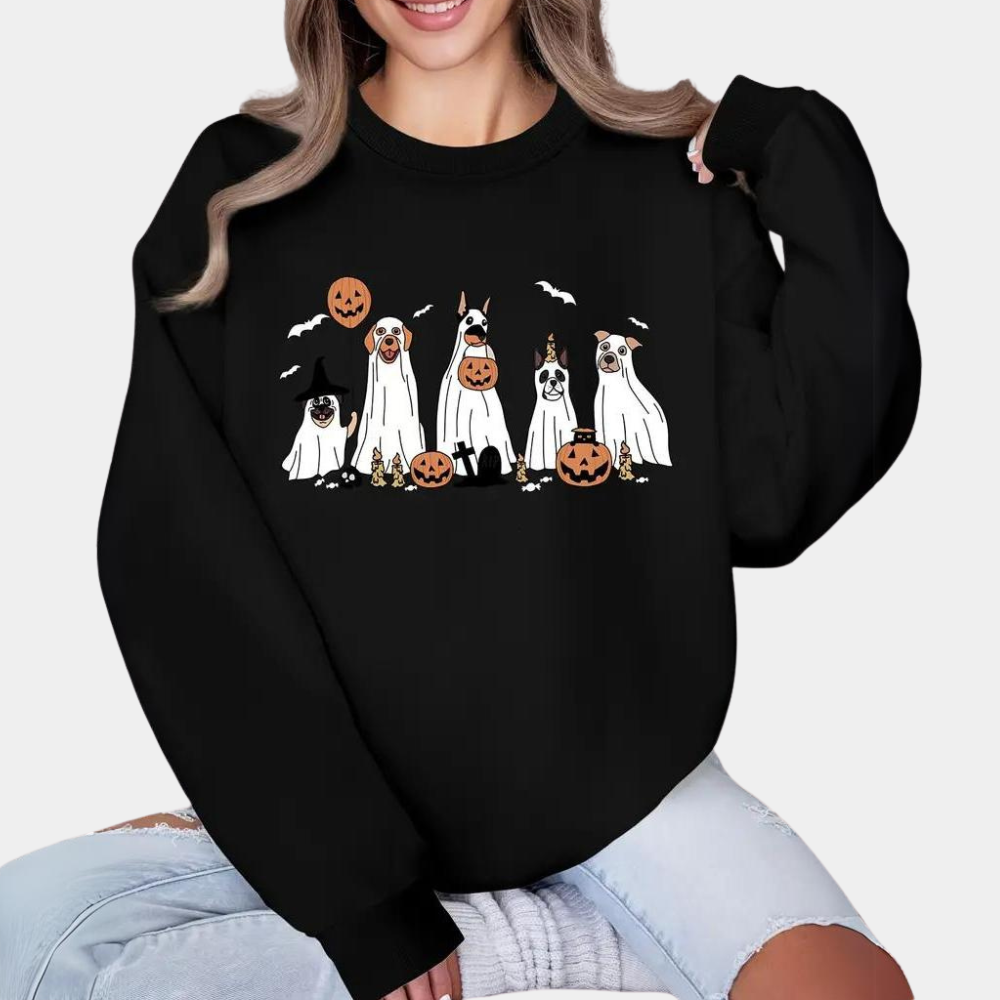 Margaret - Stylischer Halloween-Pullover für Damen mit süßem Hundeaufdruck