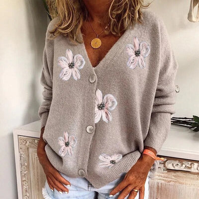 LAYLA - Modische Strickjacke mit Blumenmuster und V-Ausschnitt