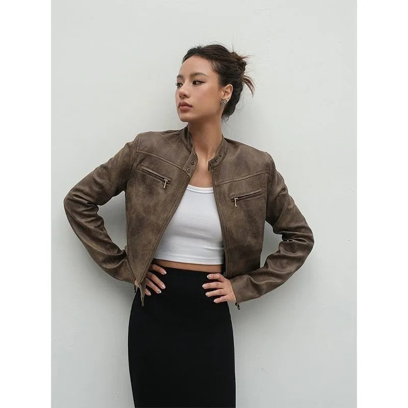 Majestic | Damen-Kurze Bikerjacke aus Lederimitat