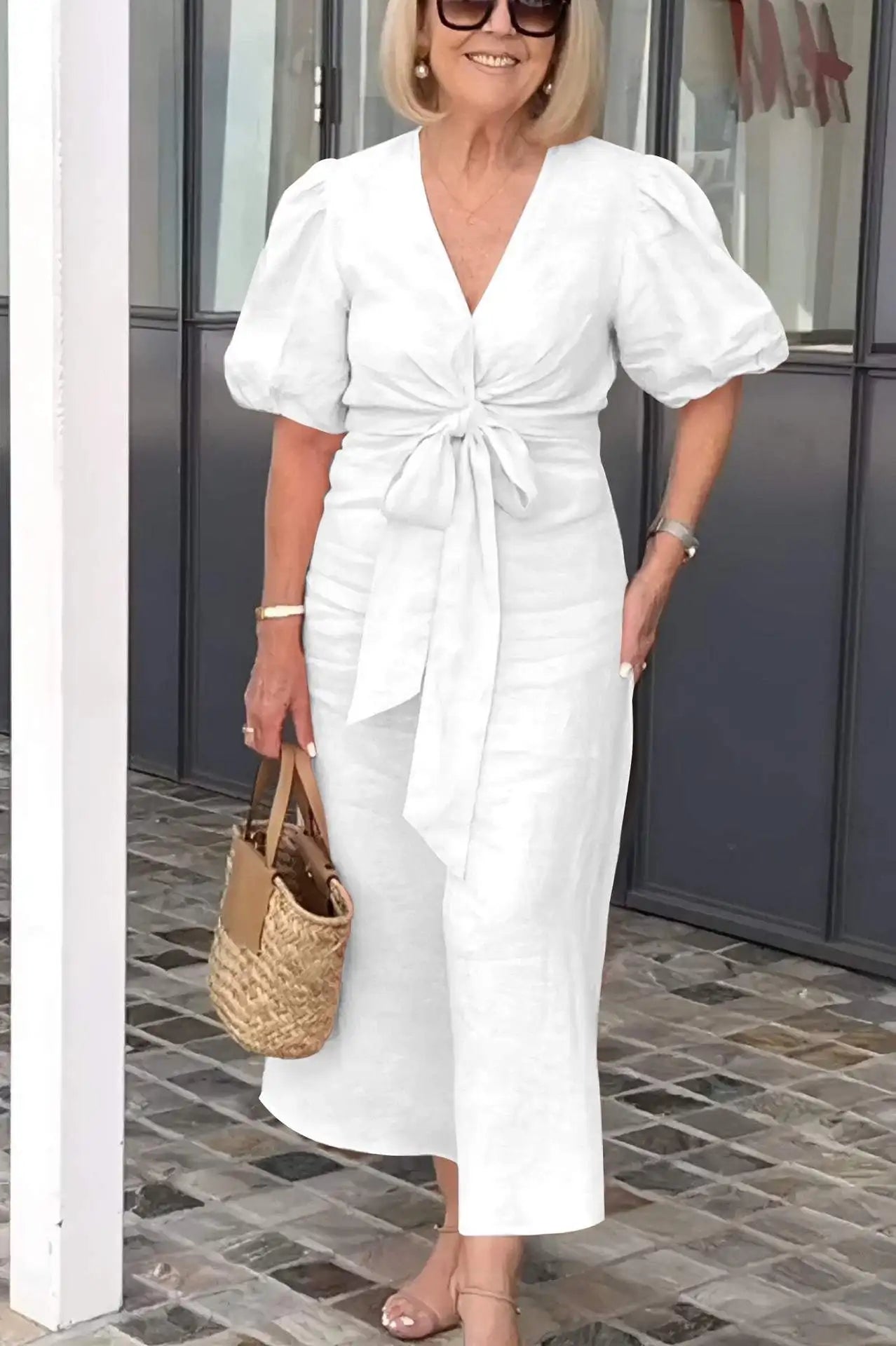 50% RABAT | Esther™ | Baumwollkleid mit V-Ausschnitt und Schnürung