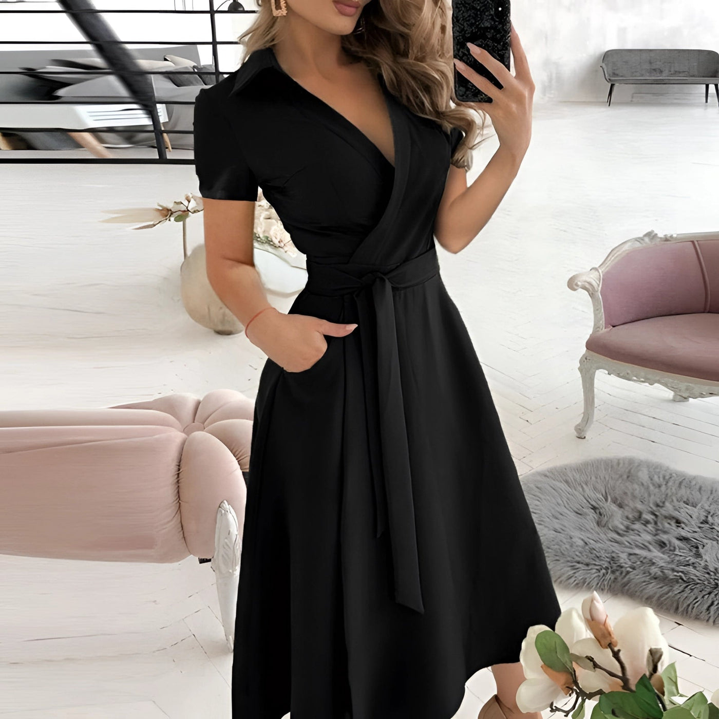 EleganBlack™ - Schwarzes schulterfreies Midikleid mit Gürtel, für formelle Abendgarderobe