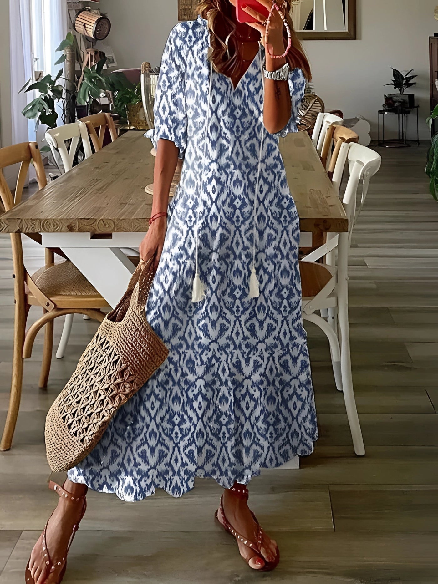 FloraBoho™ | V-Ausschnitt Midikleid – Elegante Leichte Sommermode