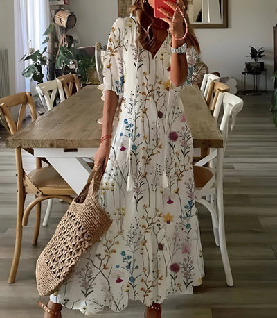 FloraBoho™ | V-Ausschnitt Midikleid – Elegante Leichte Sommermode