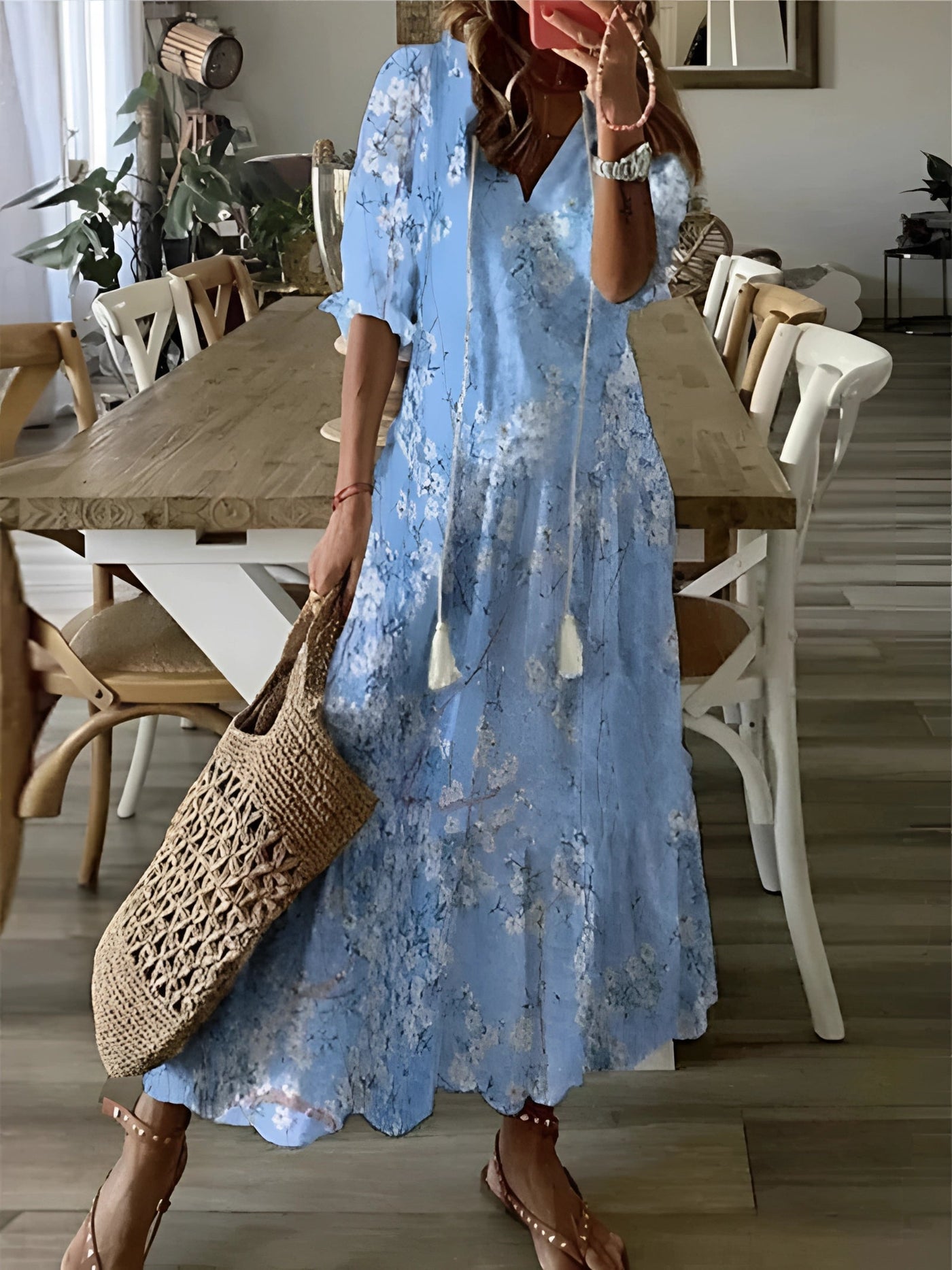 FloraBoho™ | V-Ausschnitt Midikleid – Elegante Leichte Sommermode