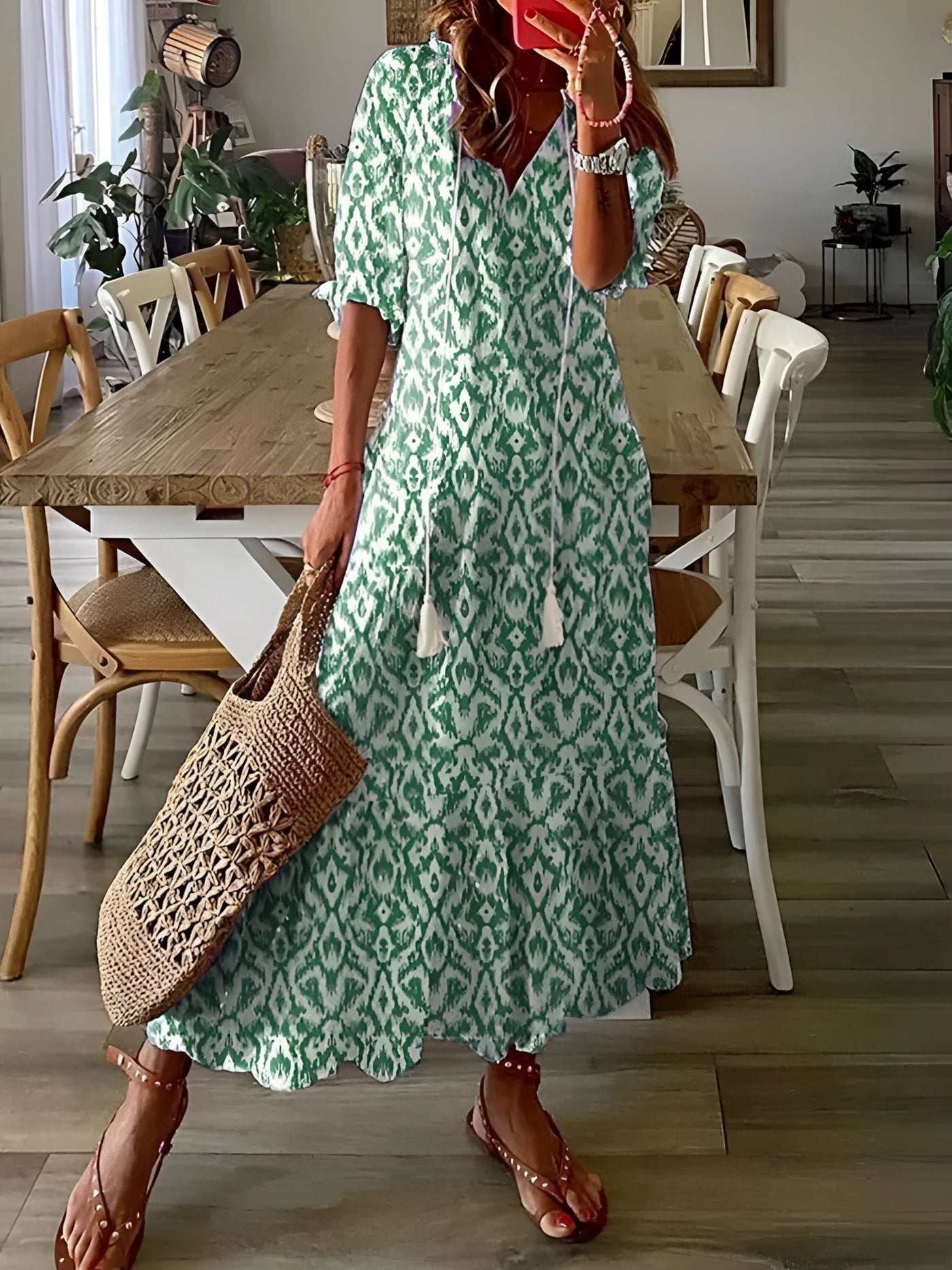 FloraBoho™ | V-Ausschnitt Midikleid – Elegante Leichte Sommermode