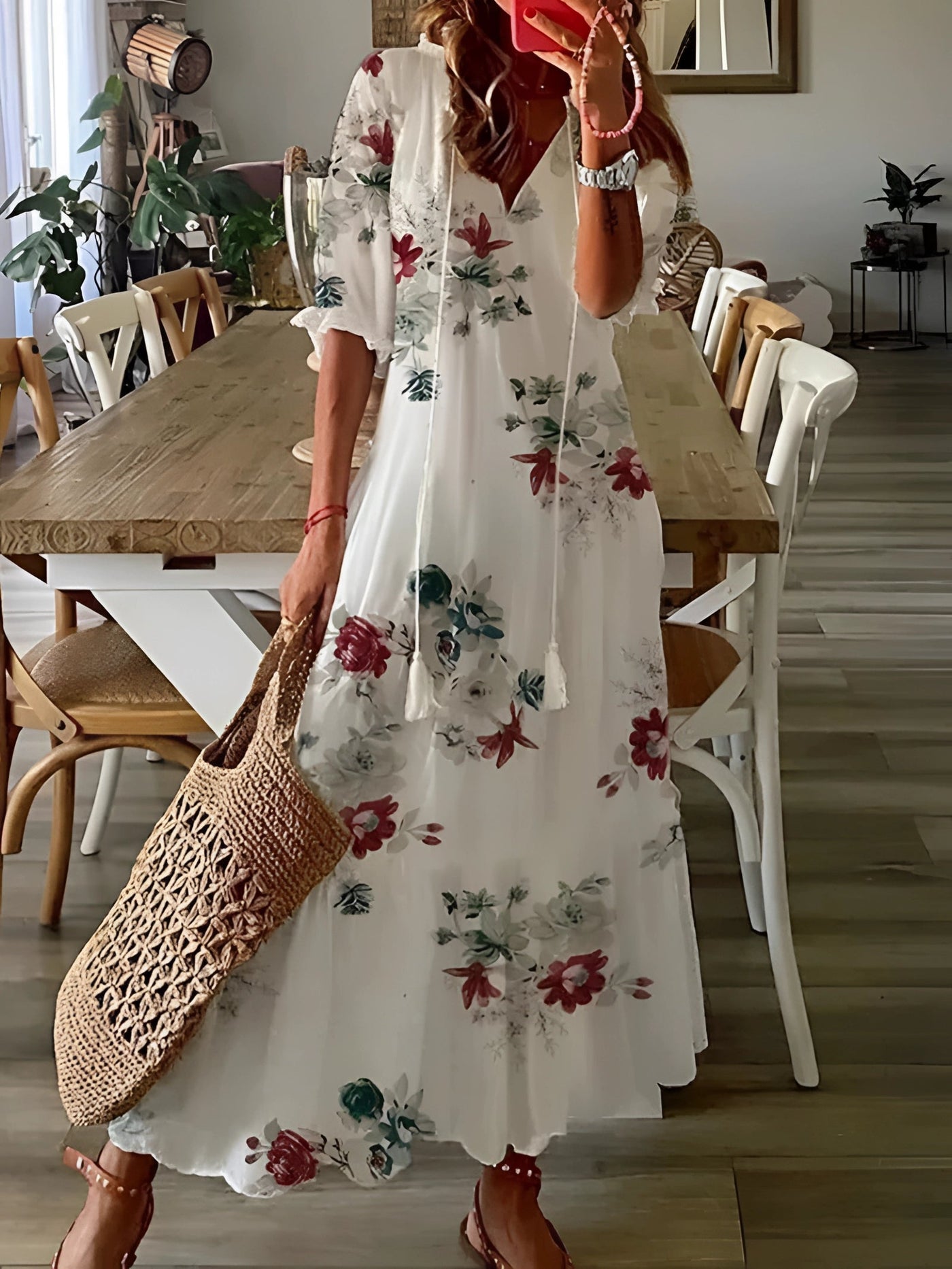 FloraBoho™ | V-Ausschnitt Midikleid – Elegante Leichte Sommermode