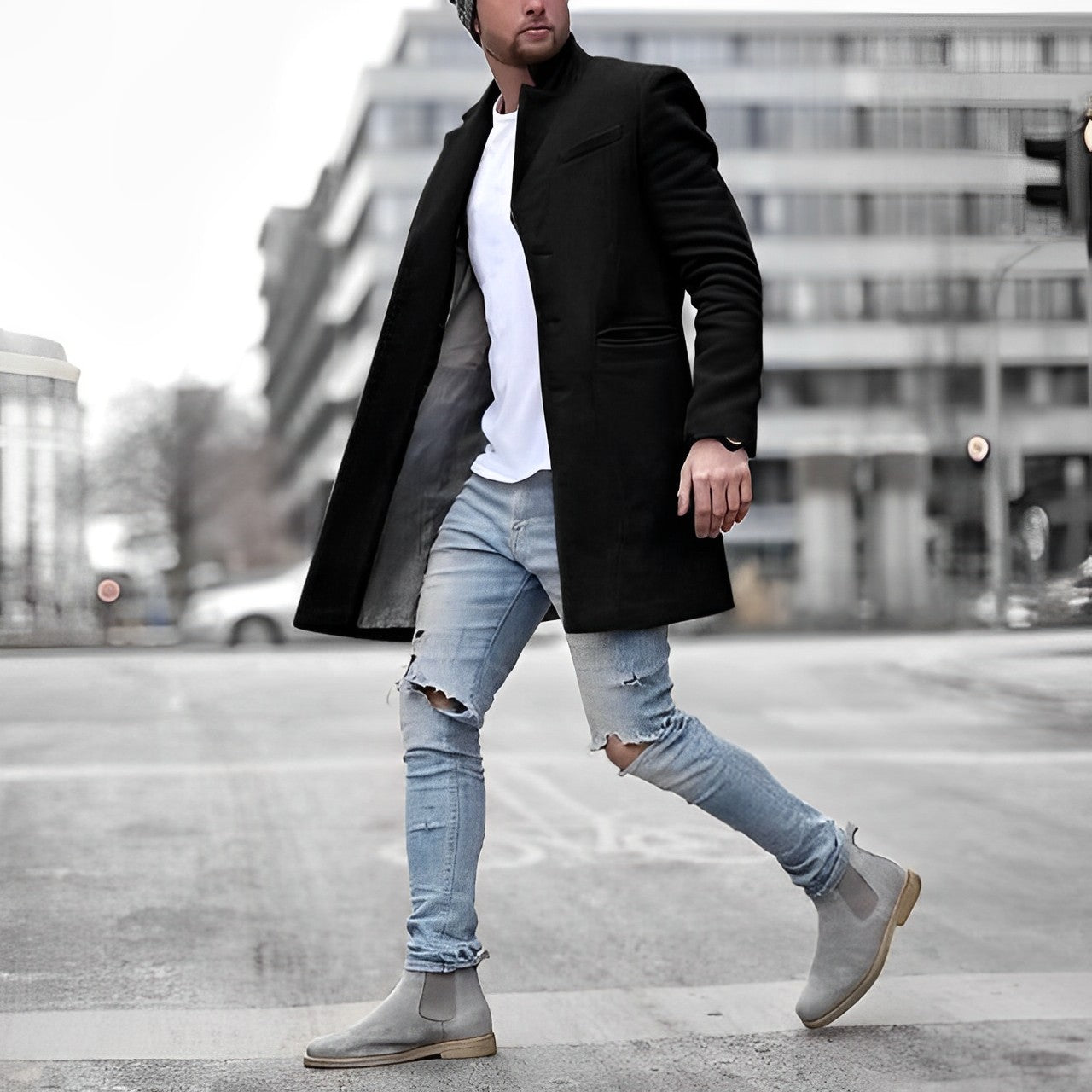 Majestic | Moderner Herren-Mantel in Wolloptik mit Stehkragen