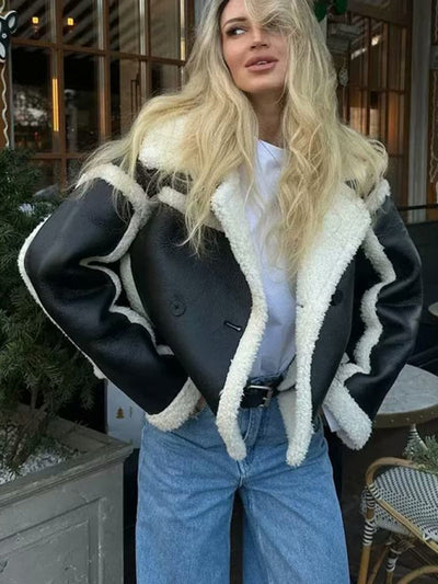 Majestic | Modisch Damen-Pilotjacke mit Lammfellimitat und Kontrastnähten