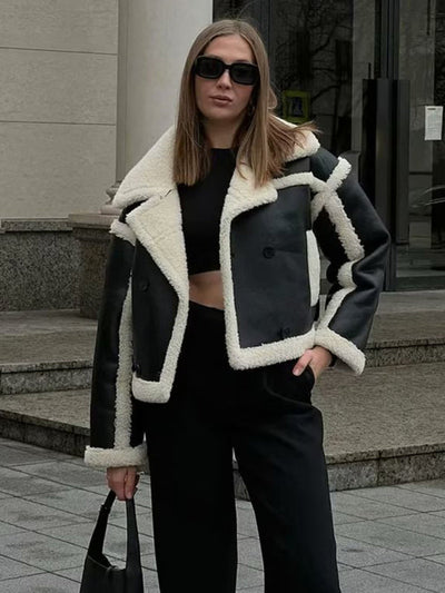Majestic | Modisch Damen-Pilotjacke mit Lammfellimitat und Kontrastnähten