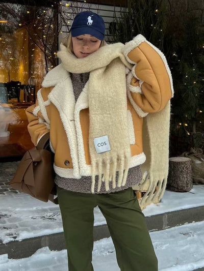 Majestic | Modisch Damen-Pilotjacke mit Lammfellimitat und Kontrastnähten